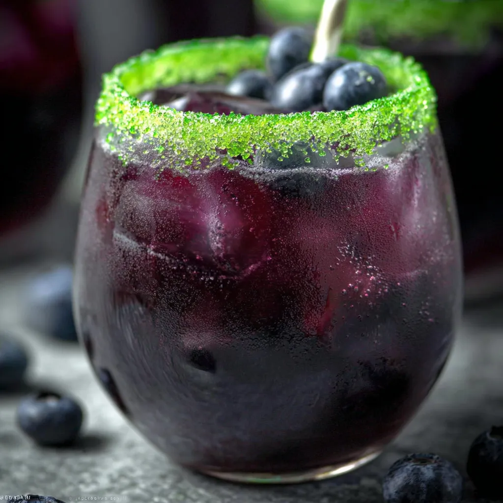 Drunk Witch Halloween Mocktail - Spooky Purple Blueberry Drink with Green Sugar Rim - tertiary view